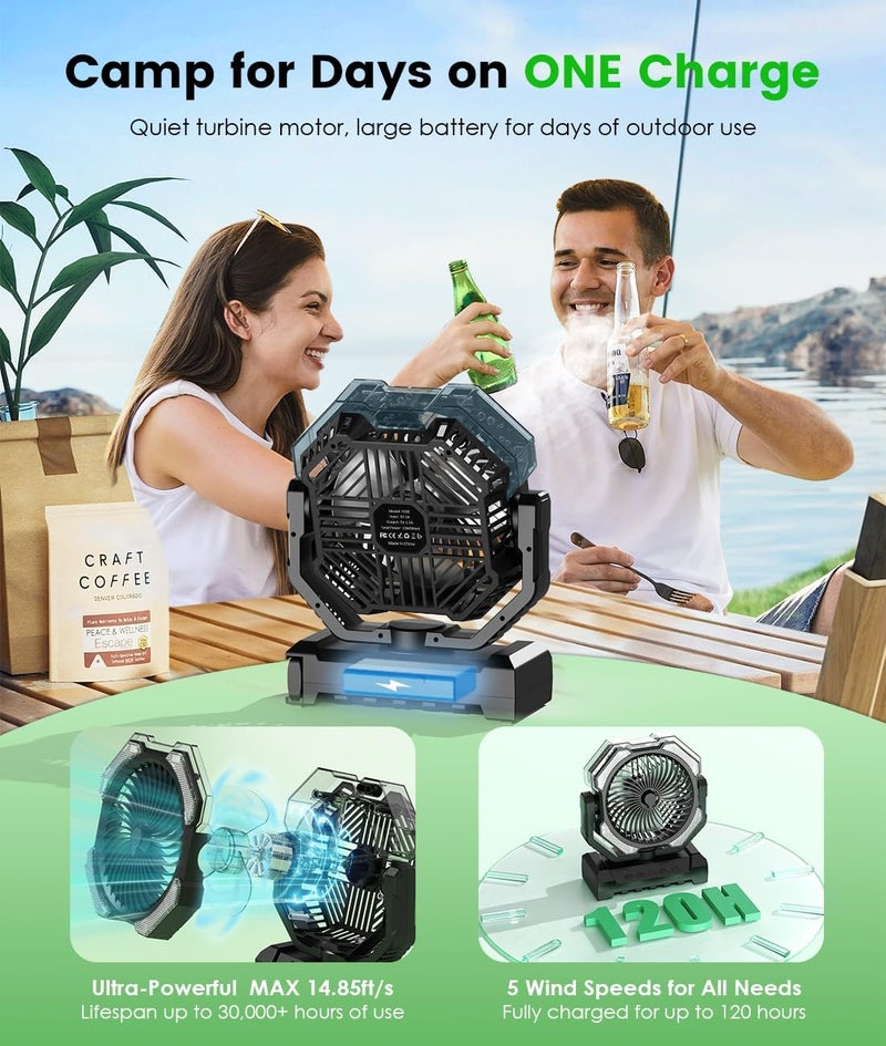 Aopircs Misting Fan - Portable Battery Powered Fans with 9oz Water Tank, Light, Hook - Rechargeable, 120H Cooling, Last 5H Mist, 4 Speed, Sleep Mode - Outdoor Fan, for Camping, Travel Essentials - Image 3
